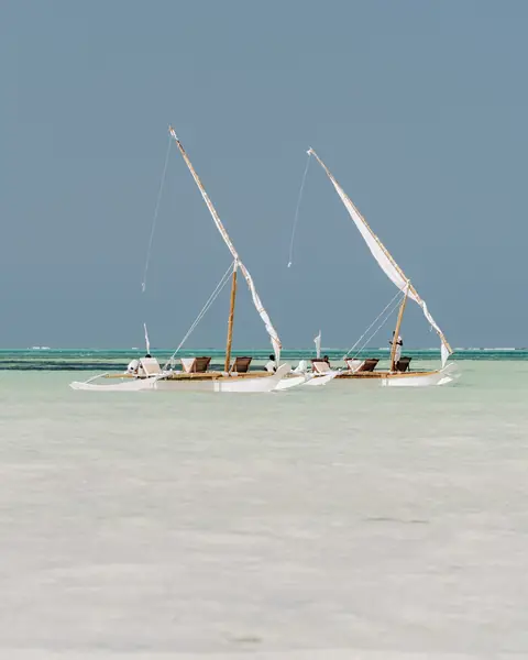 Două bărci tradiționale cu pânze pe laguna puțin adâncă din Zanzibar